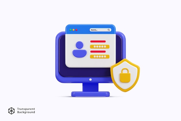 PSD secure login page with password form on computer and padlock with protect shield icon 3d render