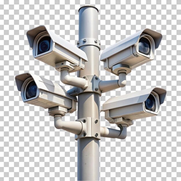 PSD security cctv cameras mounted on a pole on transparent background