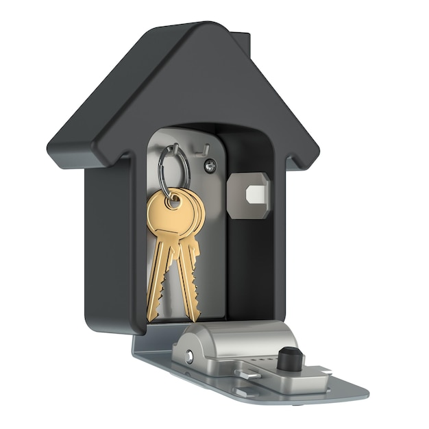 PSD security lock box with digit code and keys inside for storage and transfer of keys house shaped 3d rendering isolated on transparent background