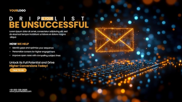 PSD segmentation strategy trigger emails banner template with glowing envelope icon with digital data floating above keyboard on dark background