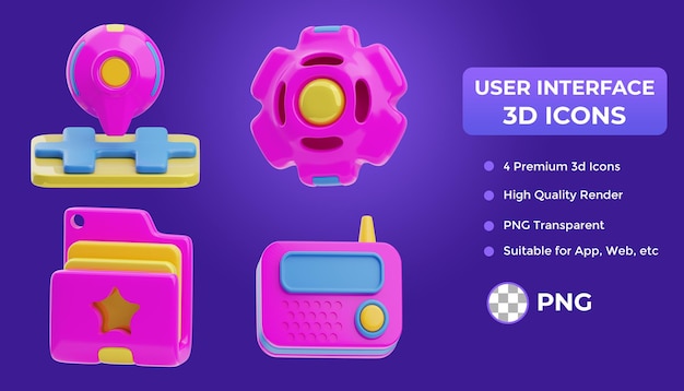 PSD set of 3d rendering user interface icons for web and mobile app location setting folder radio