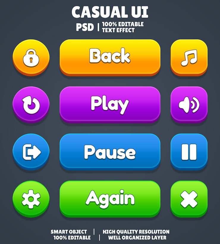 Set of Beautiful Game UI Button Cartoon Style UI Button 2D Button 2D UI Game Icon Set Game UI