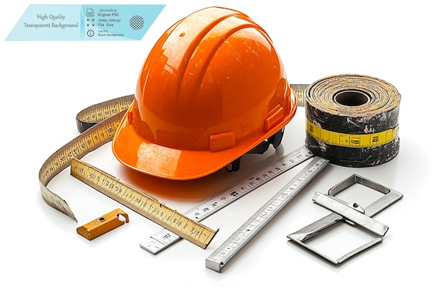 PSD a set of construction tools including an orange helmet on transparent background