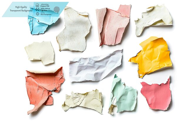 PSD set of differentsized and shaped redcolored scraps on transparent background