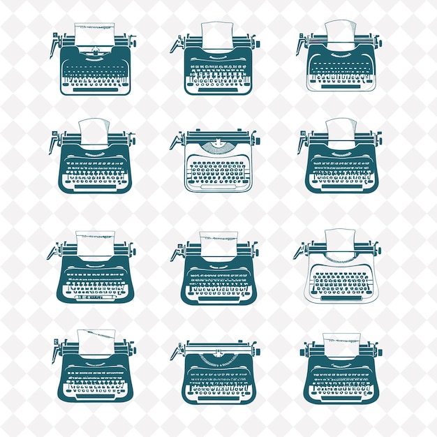 PSD a set of typewriters with a cup of tea and a background of a grid pattern