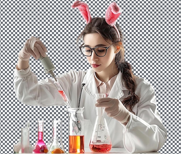 PSD sharp bunny ear scientist model in a lab coat isolated on transparent background