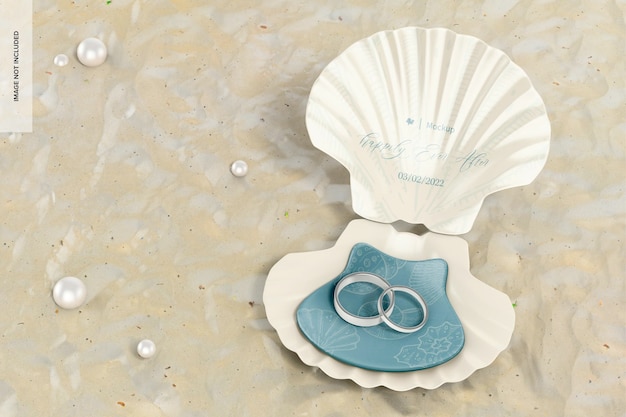 PSD shell shaped ring box mockup, on sand