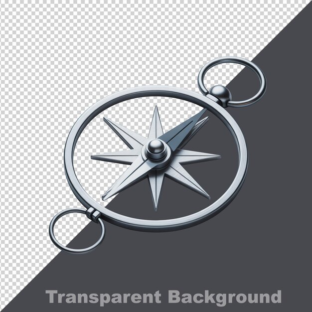 PSD silver compass with starburst needle on transparent background navigation direction