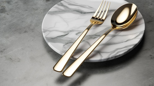 PSD a silver fork and knife on a plate with a marble table top