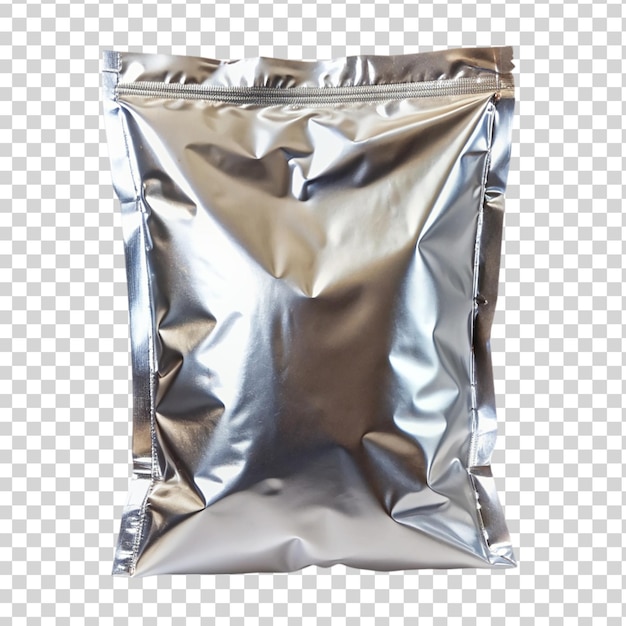 PSD silver plastic foil bag isolated on transparent background