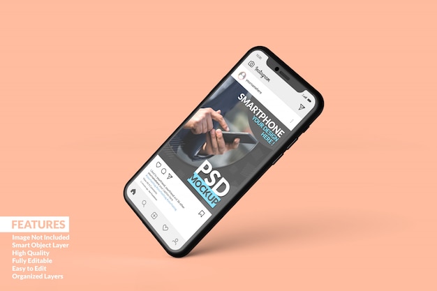 PSD smartphone mockup floating to display instagram post template premium 