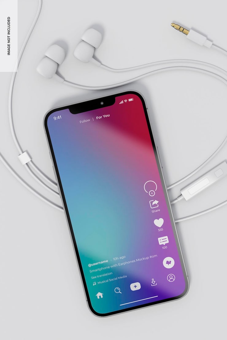 PSD smartphone with earphones  mockup, top view