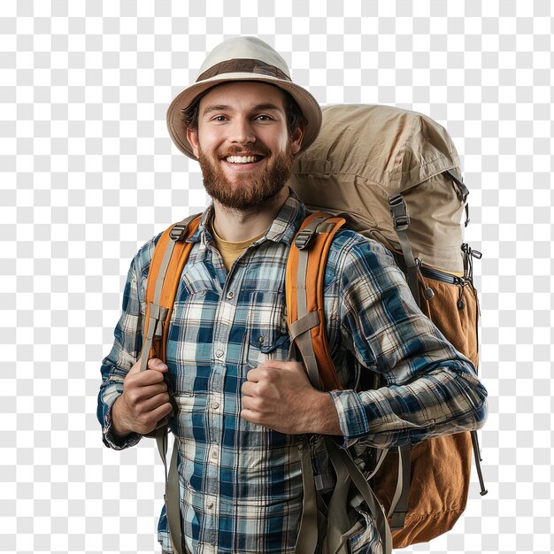 PSD smiling hiker man carrying backpack front view isolate on transparency background