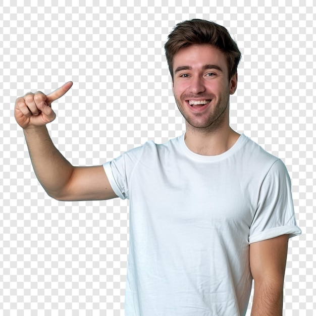 PSD smiling man pointing up