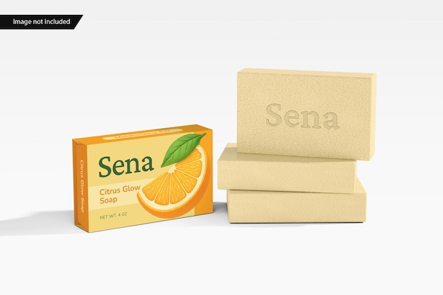 PSD soap bar packaging mockup with box and soap bars display