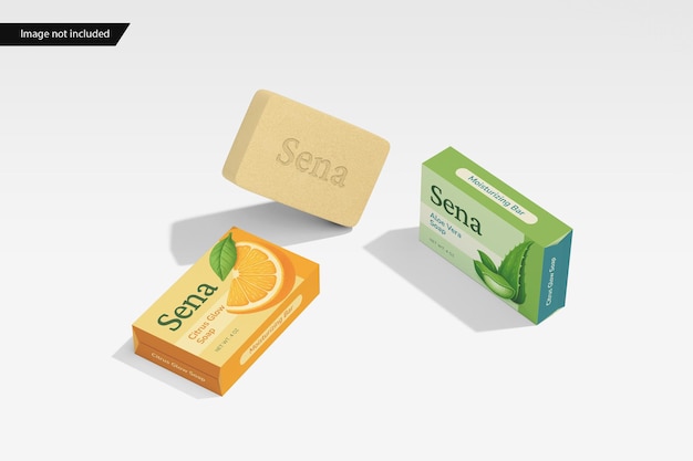 PSD soap bar packaging mockup with soap and two boxes