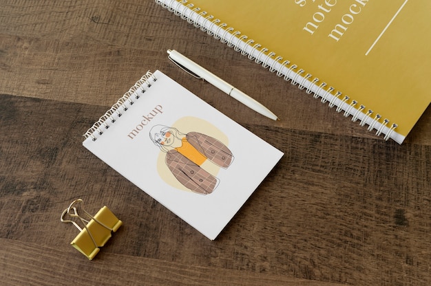PSD spiral notebook mockup on office table
