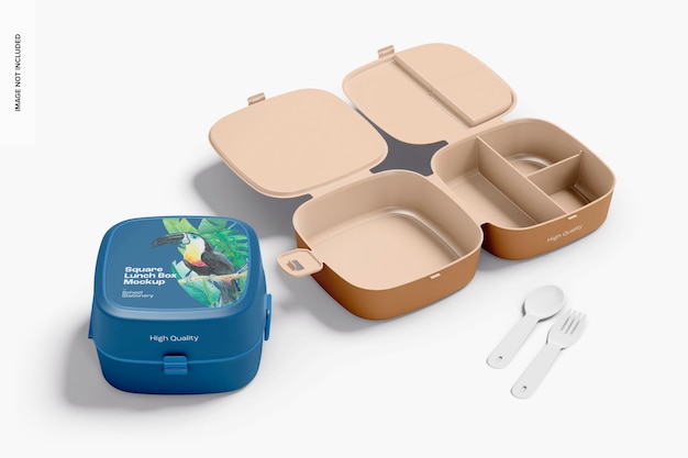 PSD square lunch boxes mockup opened and closed