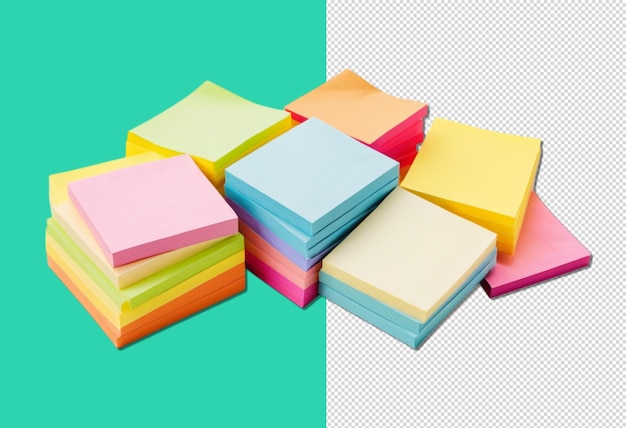 PSD stack of assorted colorful sticky postit note papers on png