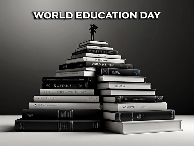 PSD a stack of books with the words world education day written on the bottom