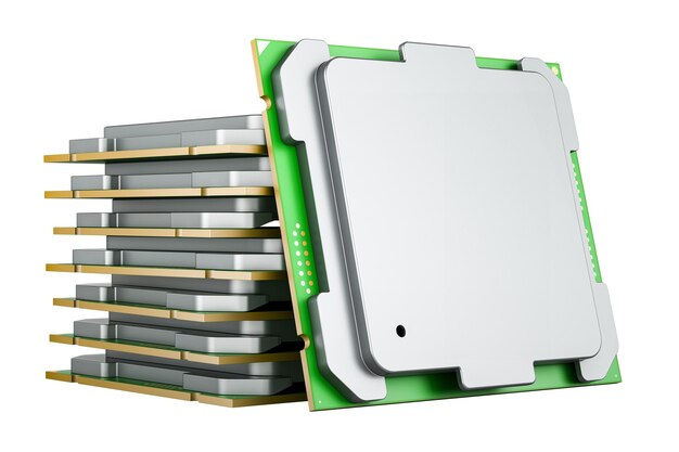 PSD stack of cpu computer processors 3d rendering isolated on transparent background