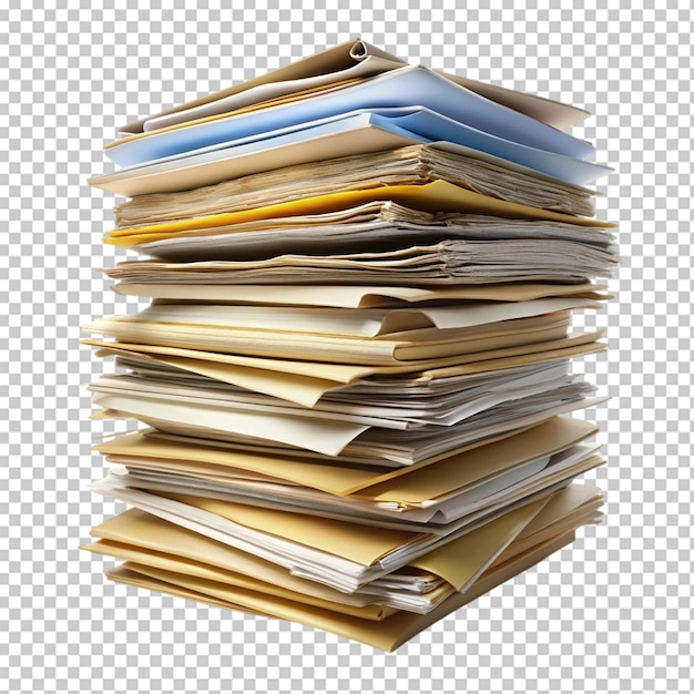 PSD stack of file folders with documents isolated on transparent background