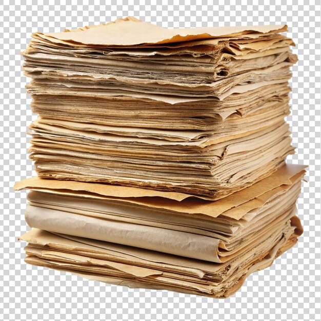 PSD stack of old paper close up isolated on transparent background