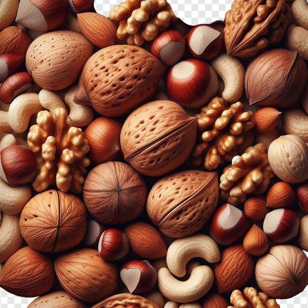 PSD stack of organic various nuts or mixed nuts isolated on a transparent background