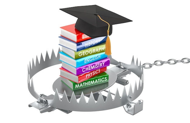 PSD stack of textbooks with graduation hat inside bear trap 3d rendering isolated on transparent background