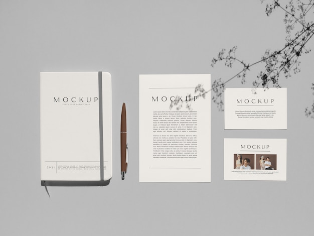 PSD stationery kit mockup with shadow overlay