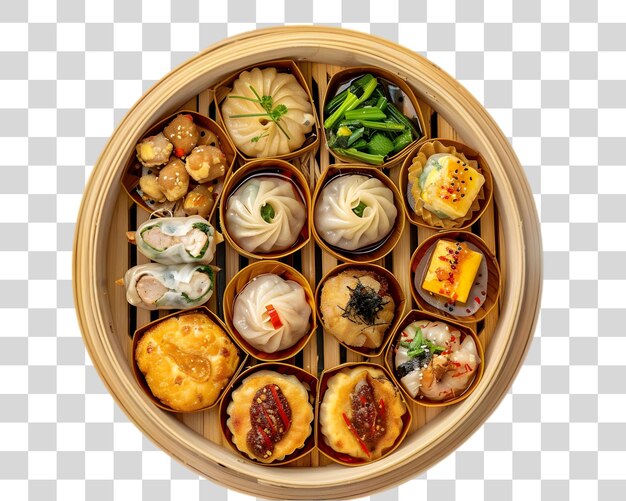 PSD steamed dim sum in a bamboo basket on white background
