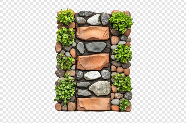 PSD stone bricks with plants isolated on a transparent background