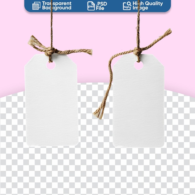 PSD strings holding 2 white blank rectangular cardboard price tags a mockup