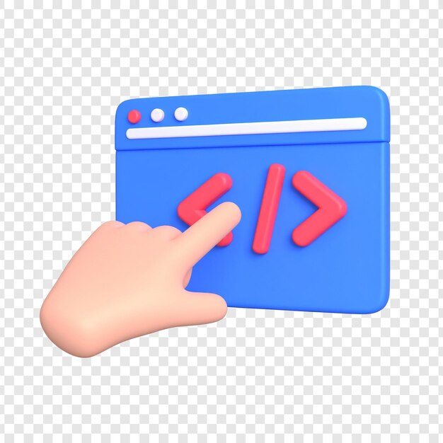 PSD stylized hand pointing at code in browser window illustration