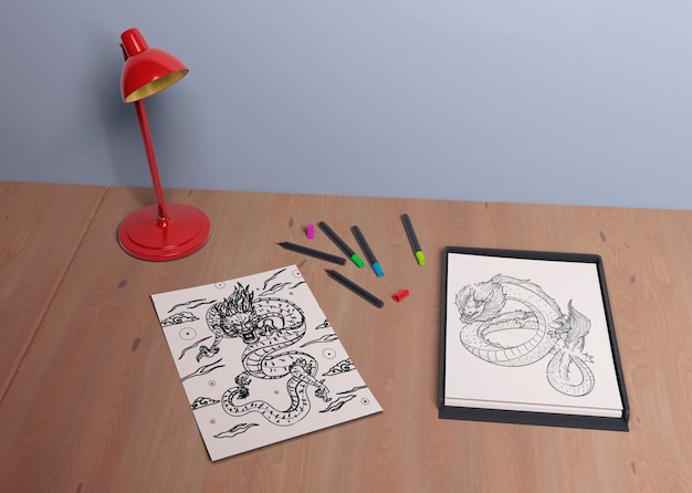 PSD tablet with monochrome sketch