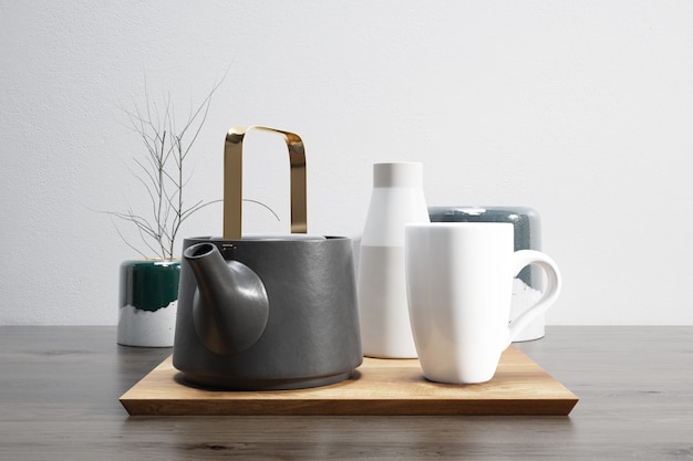 PSD tea set on wooden tray