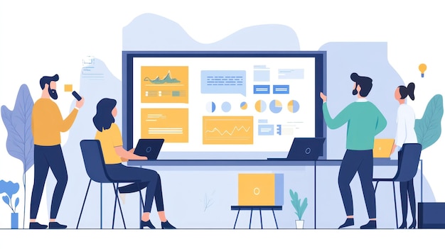 PSD team collaborating on data analysis project using large screen display showing charts and graphs
