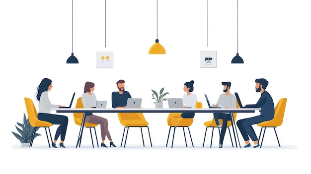 PSD a team of six people working on laptops at a long table in a modern office