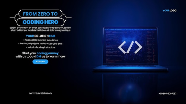 PSD tech skills cybersecurity coding banner template with laptop screen with a programming icon on screen