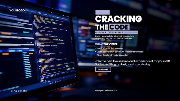 PSD tech skills web development banner template with closeup of a digital computer screen displaying lines of programming code