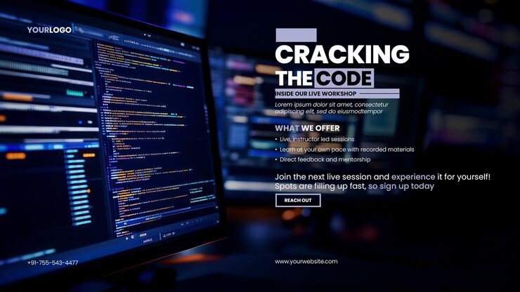 Tech skills web development banner template with closeup of a digital computer screen displaying lines of programming code