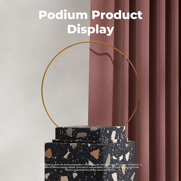 PSD terrazzo texture block shape podium in square circle ring and curtain 3d image render scene template
