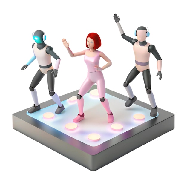 PSD three cartoon characters are on a square in the middle of a cube
