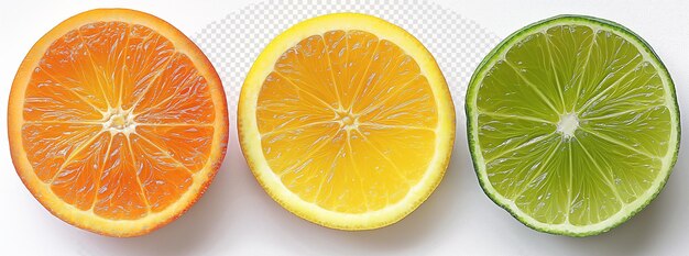 PSD three different colored lemons are lined up on a white background