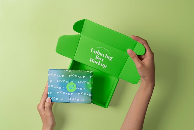 PSD top view on box unboxing mockup design