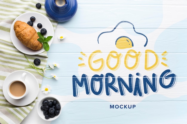 PSD top view of breakfast food with croissant and coffee