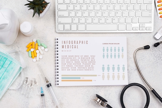 PSD top view notebook on medical desk