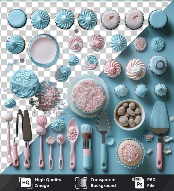 PSD transparent background with isolated custom cake decorating tools set on a blue background