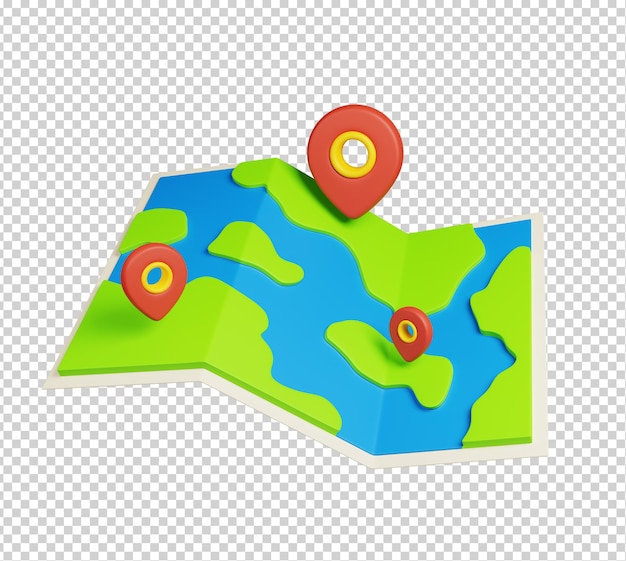 PSD travel icon 3d render illustration of map with pin pointers isolated