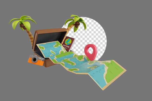 PSD travel map pops out of a suitcase and a camera 3d render illustration